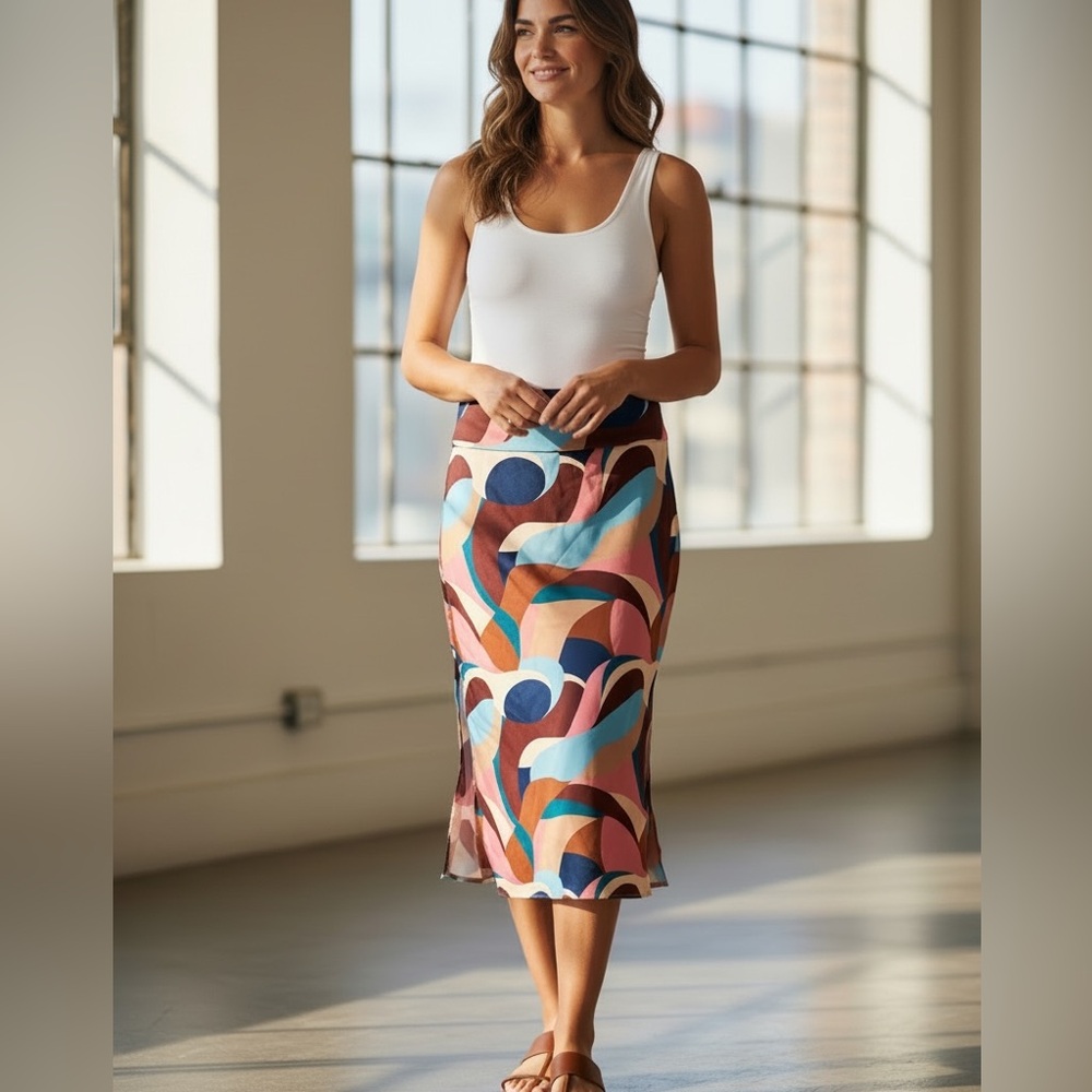 C/MEO Collective | Retro Print Satin Midi Wrap Skirt – Side Button Closure -Chic
